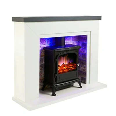 Image of Endeavour Fires Farlington Electric Fireplace, Black Log Burner Stove in 48’’ Off White Surround, LED Downlights with Remote Control (Grey Top/Rustic Brick)