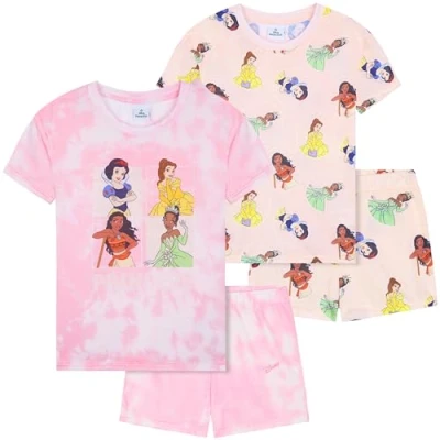 Image of Get Trend Disney Princess PJs for Girls Pack of 2 Short Sleeve Pyjamas Set Kids Lounge Sets Nightwear Soft Comfy Sleepwear Gifts (5 6 Years, Pink Princess)