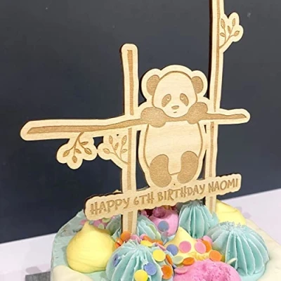 Image of Luck and Wooden Personalised Panda Cake Topper, Childrens Animal Birthday Party, Kids Decoration, Customisable Topper