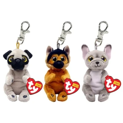 Image of TY Beanie Bellies Key Clip Multipack 3 Izzy Dog, Ace Wilfred Dog Children Keyring, Cute &amp; Comfort Keychain, Stuffed Toy Keyrings Keychains