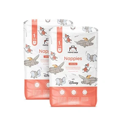 Image of Amazon Brand Mama Bear Disney Ultra Dry Nappies, Size 1 (2 5 kg), 96 Count, White, Monthly Pack