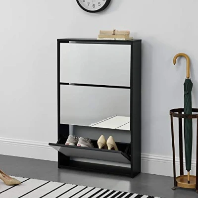 Image of [en.casa] Shoe tipper Vogar cabinet with 3 flaps mirrored chest of drawers for 9 pairs shoes 102.5 x 63 17 cm storage Black