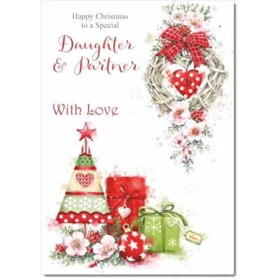 Image of doodlecards Daughter &amp; Partner Christmas Card Heart Decorations Medium Size with Plain Red Envelope, 21 x 15cm