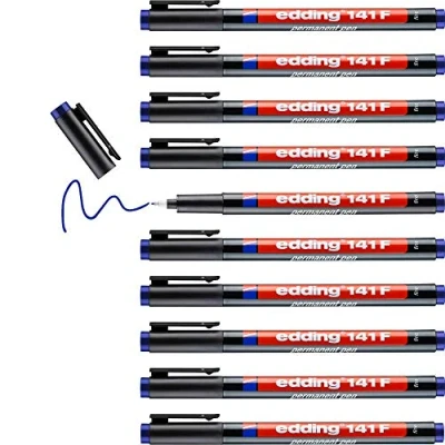 Image of edding 141 F permanent pen blue 10 pens round nib 0.6 mm for writing on glass, plastic, foils and smooth surfaces permanent, quick drying, smudge proof waterproof