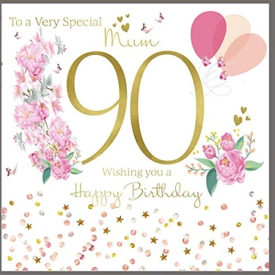Image of Mum 90th Birthday Card Age 90 Special Artistic Floral Balloon Design Finishes and Embellishments Made in the UK Eco Friendly
