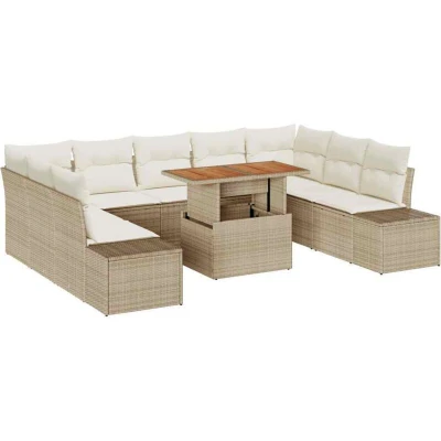 Image of vidaXL 10 Piece Garden Dining Set with Cushions Beige Poly Rattan Acacia