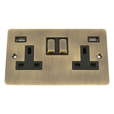 Image of Antique Brass Flat USB Socket 2 Gang Black Insert Metal Rocker Switch (3100mA)