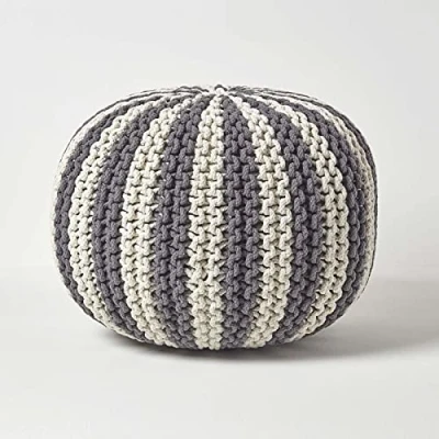 Image of HOMESCAPES Large Off White and Grey Knitted Pouffe 100% Cotton Round Bean Filled Striped Footstool 50 x 40 cm