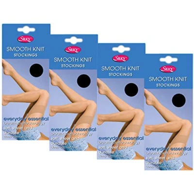 Image of Silky Soft, Sheer &amp; Durable Smooth Knit Everyday Stockings (4 Pair Pack) (Medium (Height 152 172cm), Black)