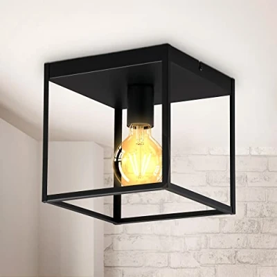 Image of B.K.Licht Ceiling Light, E27 Socket, Bulb not Included, Black Metal, cage Shape, Small Cube, Side 22cm/8.6in, Flush Mount lamp for Entrance or Hallway