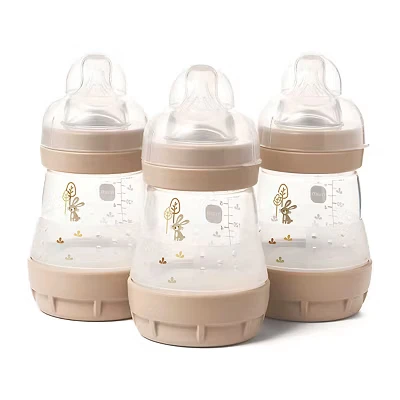 Image of MAM Easy Start Self Sterilising Anti Colic Baby Bottle 3 Pack (3 x160 ml) with Slow Flow Teats Size 1, Newborn Essentials, Beige (Designs May Vary)