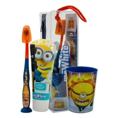 Image of Minions Toothbrush Set Contains with Protection Cap, Suction Cup, Comfortable Handle and Soft Bristles, Mint Flavour Toothpaste Multi Purpose Beaker for Kids 3+