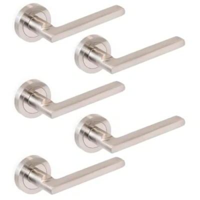 Image of Jdel Pack of 5 Interior Door Levers,Passage Handle Set with.50mm Rosette,Aluminum and Zamak, Satin Nickel