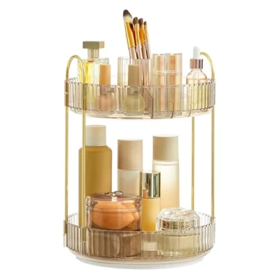 Image of SONGMICS Makeup Organiser Rotating, 2 Tier Round Skincare Organiser, Customisable, Toiletries Cosmetics Gift, Champagne Gold JKA012A01