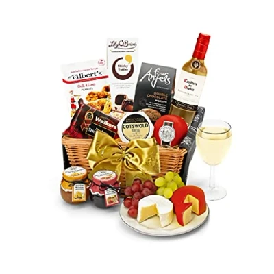 Image of Premium White Wine Gift Hamper Downton with Chardonnay, Mature Cheddar, Organic Brie, Chocolates &amp; Shortbread Birthday Gifts for Her, from Regency Hampers
