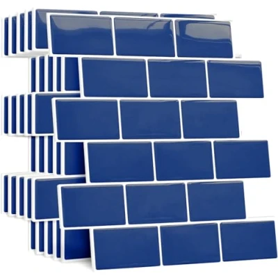Image of Yoillione Upgrade Thicker Peel and Stick Wall Tiles Backsplash for Kitchen Bathroom, Metro Subway Self Adhesive Tile Stickers 3D on Splashback Blue, 10 Sheets