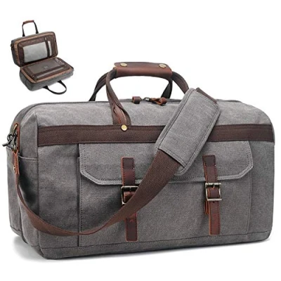 Image of Duffle Bag for Men Waterproof Genuine Leather Canvas Travel Duffel Bags Women Overnight Weekender Traveling, 1 Grey, L, Vintage