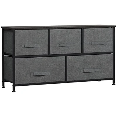 Image of HOMCOM Chest of Drawers, 5 Drawer Fabric Dresser with Steel Frame, Adjustable Feet, Storage Organizer Unit for Bedroom, Living Room, Dark Grey