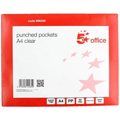 Image of 5 Star 908358 Office Punched Pocket Polypropylene Top opening A4 Clear [Pack 100]