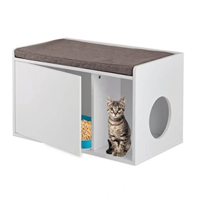 Image of Relaxdays Cat Cabinet with Seating, 2in1 Feline Commode &amp; Bench, H x W D: 45.5 75 43 cm, Litter Tray, White/Grey, Fibreboard, 45.5x75x43cm