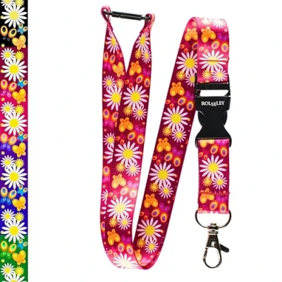 Image of Rolseley Lanyard Neck Strap with Floral/Daisy Pattern for id Badge Holder Metal Clip (1 Rose Red)
