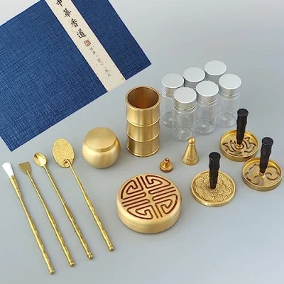 Image of 18Pcs/Set Brass Incense Making Kit, Chinese Agarwood Burner Kit with Powder, DIY Backflow Tower Cone Molds Including Spoon, Press, Shovl, Brush, Bottle