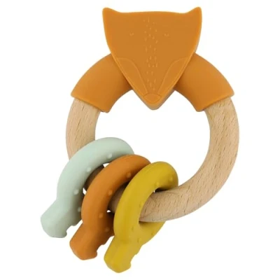 Image of Trixie Wooden &amp; Silicone Activity Ring Mr. Fox Sensory Baby Toy Safe Teether Rattle Developmental for Babies
