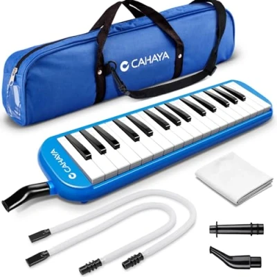 Image of CAHAYA Melodica 32 Key FDA Approved Piano Style Portable with Double Plastic Flexible Long Pipe, Short Mouthpieces and Carrying Bag Blue, CY0050 2