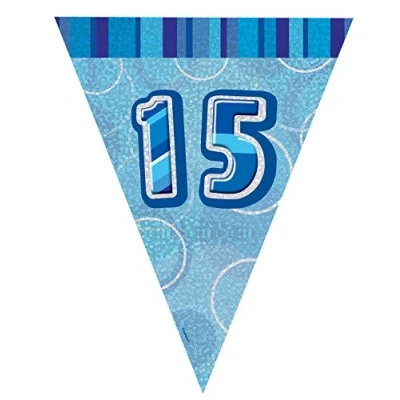 Image of Unique Party 92155 9ft Foil Glitz Blue Happy 15th Birthday Bunting Flags