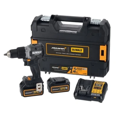 Image of DeWalt DCD85MP2T McLaren F1 18V XR Cordless Brushless Combi Hammer Drill with 2 x 5AH Batteries, Charger &amp; Case