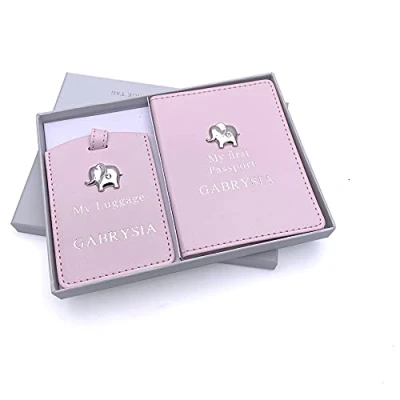 Image of ukgiftstoreonline Personalised Elephant Baby Girl Passport Cover and Luggage Tag Holder Gift