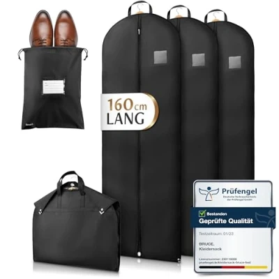 Image of Bruce.® 3x Premium Garment Bags 160x60cm with 1x Shoe Bag, Breathable Clothes Cover for Suits, Dresses, Coats &amp; Jackets, 120 GSM Heavy Duty Material Perfect Travel Wardrobe Storage Bag