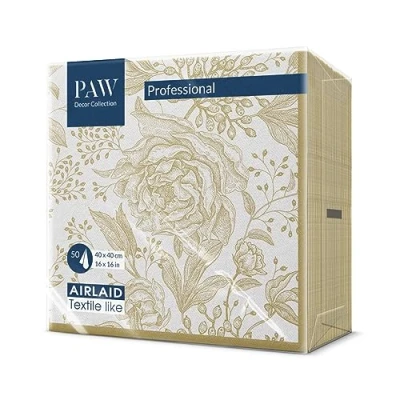 Image of PAW Napkins Made of airlaid Fabric Like (40 x 40 cm) I 50 Pieces Ideal for Wedding, Baptism, Communion, Birthday Gold, Leaves, Flowers Color: Rose Peonies
