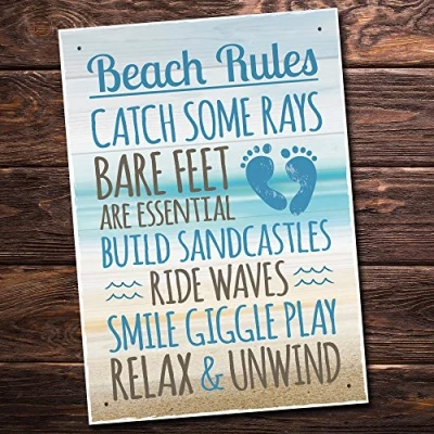 Image of RED OCEAN Beach Rules Seaside Nautical Shabby Chic Hanging Bathroom Toilet Wall Sign Plaque Decor Gift