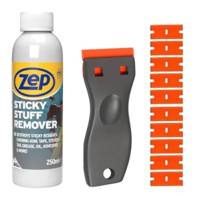 Image of Zep Sticky Stuff Remover 250ml and Scraper Tool Bundle with 10 Plastic blades work as an Adhesive Remover, Glue Sticker Solvent