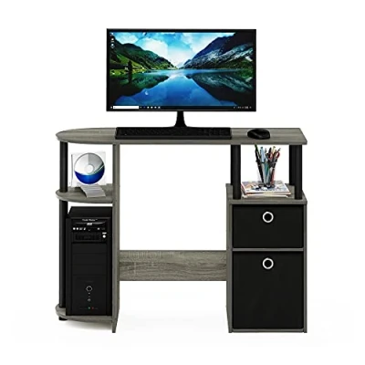 Image of Furinno JAYA Simplistic Computer Study Desk with Bin Drawers, French Oak/Black