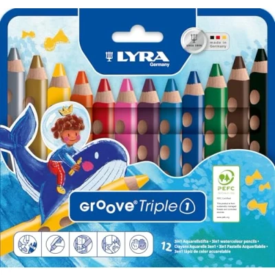 Image of LYRA Groove Triple One Wooden Chunky Colouring Pencils 3 in 1, 12 Assorted Colours, Ideal for Children and Schools