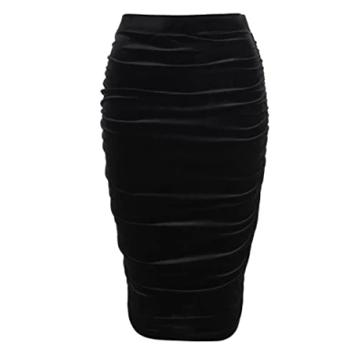Image of Blue Banana Women&#039;s Velour Ruched Knee Length Pencil Skirt Black Size 14