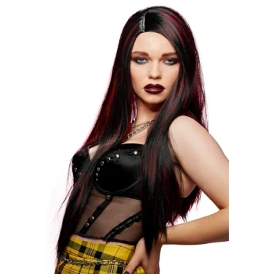 Image of Smiffys Official Manic Panic® Vampire’s Kiss™ Super Vixen™ Wig, Long Straight Heat Styleable with Adjustable Cap in Black &amp; Red Ombre Colours. Side Parting adds a dramatic touch