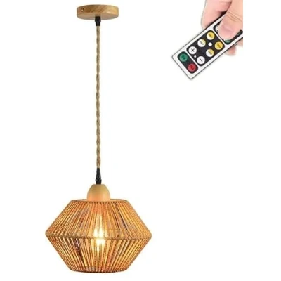 Image of KEFA Battery Operated Pendant Light with Remote,Rattan Hanging Woven Chandelier, Natural Hemp Rattan Fixture,Handmade Chandelier for Kitchen Island Dining Room Farm Barn Farmhouse