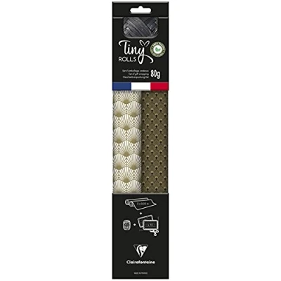 Image of Clairefontaine Ref 223891C Tiny Rolls Gift Wrap Set 2 x (80gsm, 35cm 5m), 10 Tags (Rectangular &amp; Round), 20m Ribbon Gold Black Patterns