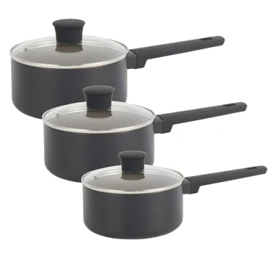 Image of Salter COMBO 9152 Ceramic Saucepan Set 3 Piece 16/18/20 cm, Recycled Aluminium Body, Healthy PFOA &amp; PFAS Free Non Stick, Induction Suitable, Easy Clean, Stay Cool Handle, Cooking Pot with Glass Lid