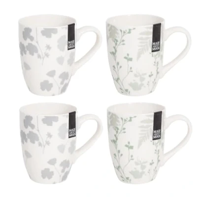 Image of Set of 4 Floral New Bone China Coffee Mugs Afternoon Tea Cups Home Kitchen Grey Green Stencil Design Mug