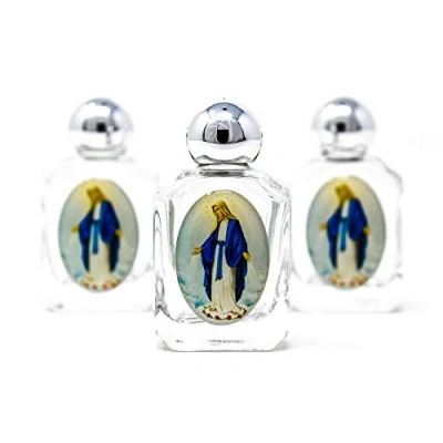 Image of Catholic Gift Shop Ltd 3 Miraculous Bottles + Blessed Lourdes Holy Water, Depicting Our Lady of Grace, Glass Water Prayer Card.