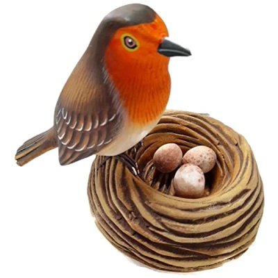 Image of Brave Wings Hand Carved Wooden Bird Robin Red Breast Guarding Eggs in Nest OOAK Ornament Sculpture Figurine Statue Unique Table Decoration Home Decor Gift for Christmas and Birthdays 4589