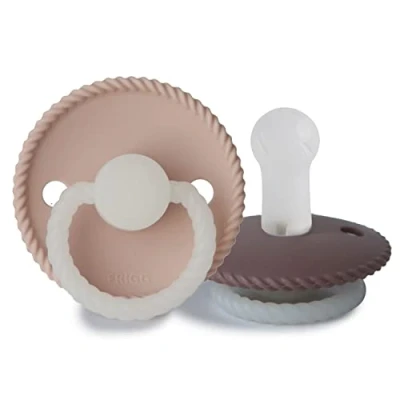 Image of FRIGG Rope Night Silicone Pacifier Pack of 2 Soother Dummy Glow BPA Free Made in Denmark Symmetrical Cherry Shaped Nipple (Twilight Mauve Night/Blush (6 18 Months))
