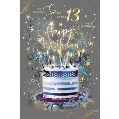 Image of Cherry Orchard Son 13th Happy Birthday Card with Cake Design Gold Foil Detailing and Envelope from Grayson Range