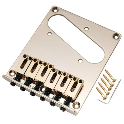 Image of Musiclily Pro 54mm Tele Bridge with Modern Zinc Alloy 6 Saddles and Steel Plate for Squier Import Telecaster Style Electric Guitar, Gold
