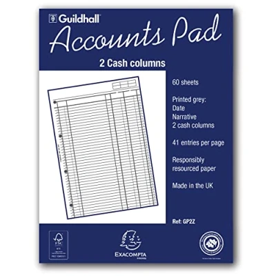 Image of Exacompta Ref GP2Z Guildhall Accounts Pad, A4 298 x 210mm, 60 sheets 70gsm, 2 Cash Columns, 41 Feint Lines, 4 Holes for Filing, FSC Certified White