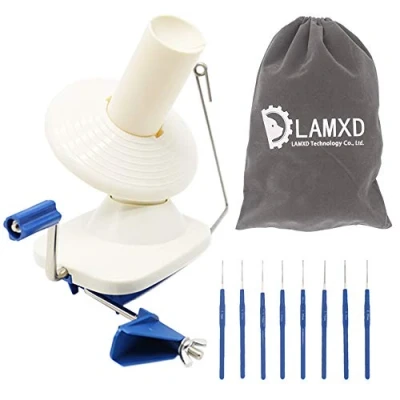 Image of LAMXD Needlecraft Yarn Ball Winder Hand Operated,Capacity 4 Ounce,Blue,Portable Package,Easy to Set Up and Use,Sturdy with Metal Handle Tabletop Clamp,Including 8 Sizes Crochet Hooks